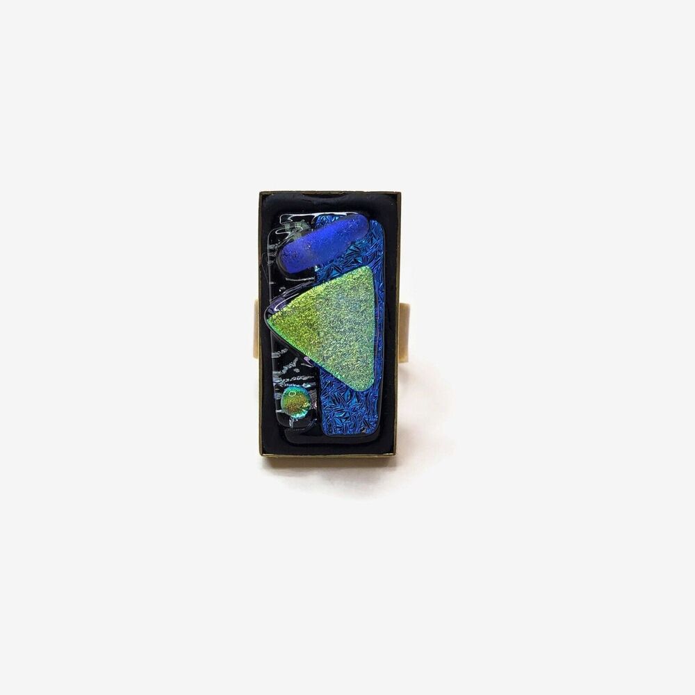 Dichroic Glass Cabochon Brass Adjustable Shank Ring Size 7.5